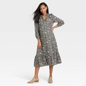 The Nines By Hatch 3/4 Sleeve Olive Green Floral Maternity Dress SZ XS